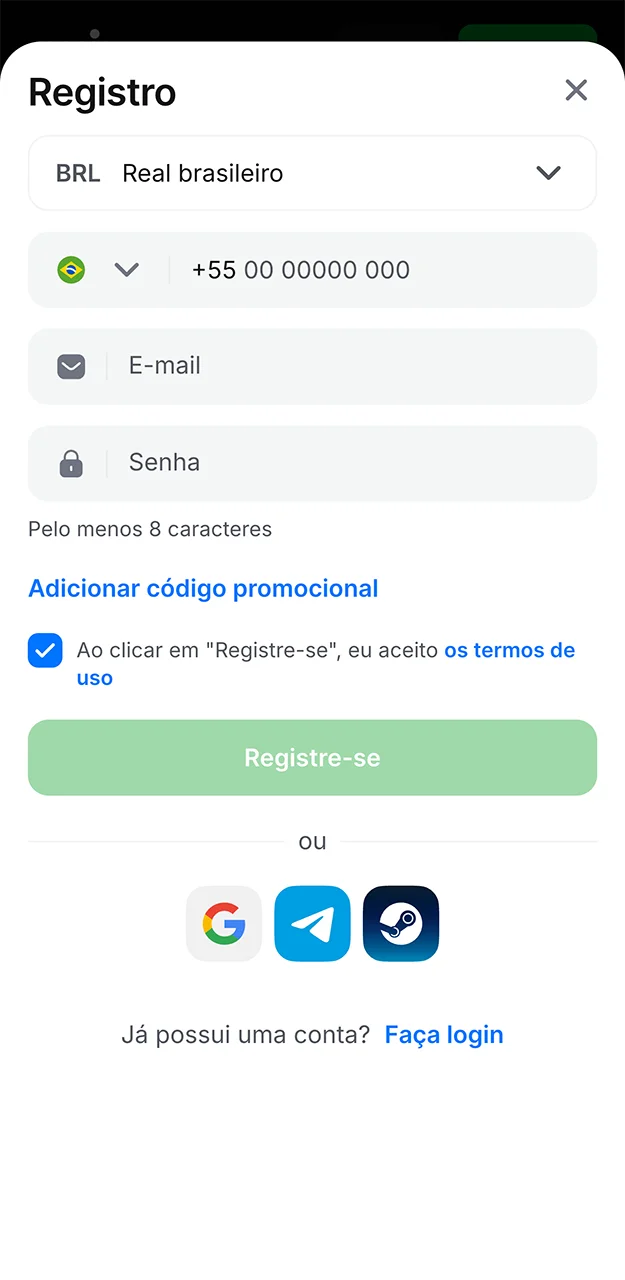 Formulário de registro de conta no aplicativo 1win.